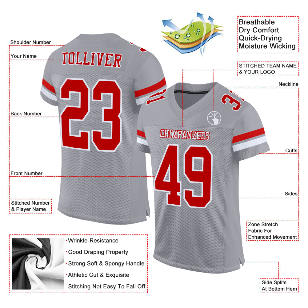 Custom Gray Red-White Mesh Authentic Football Jersey view 2