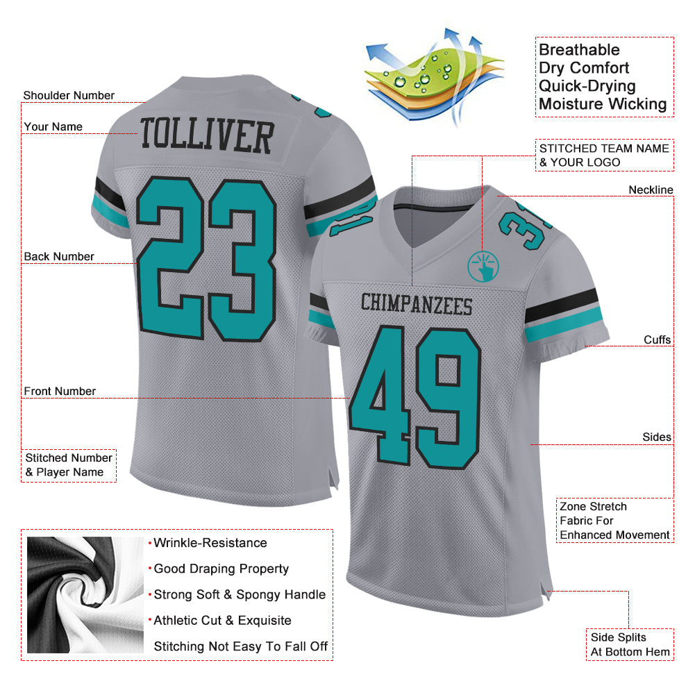 Custom Gray Teal-Black Mesh Authentic Football Jersey view 2