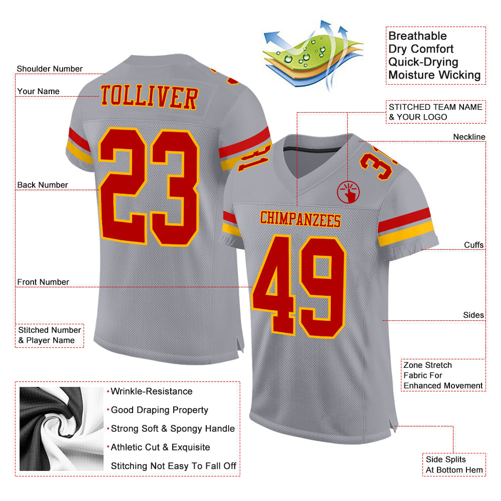 Custom Gray Red-Gold Mesh Authentic Football Jersey view 2