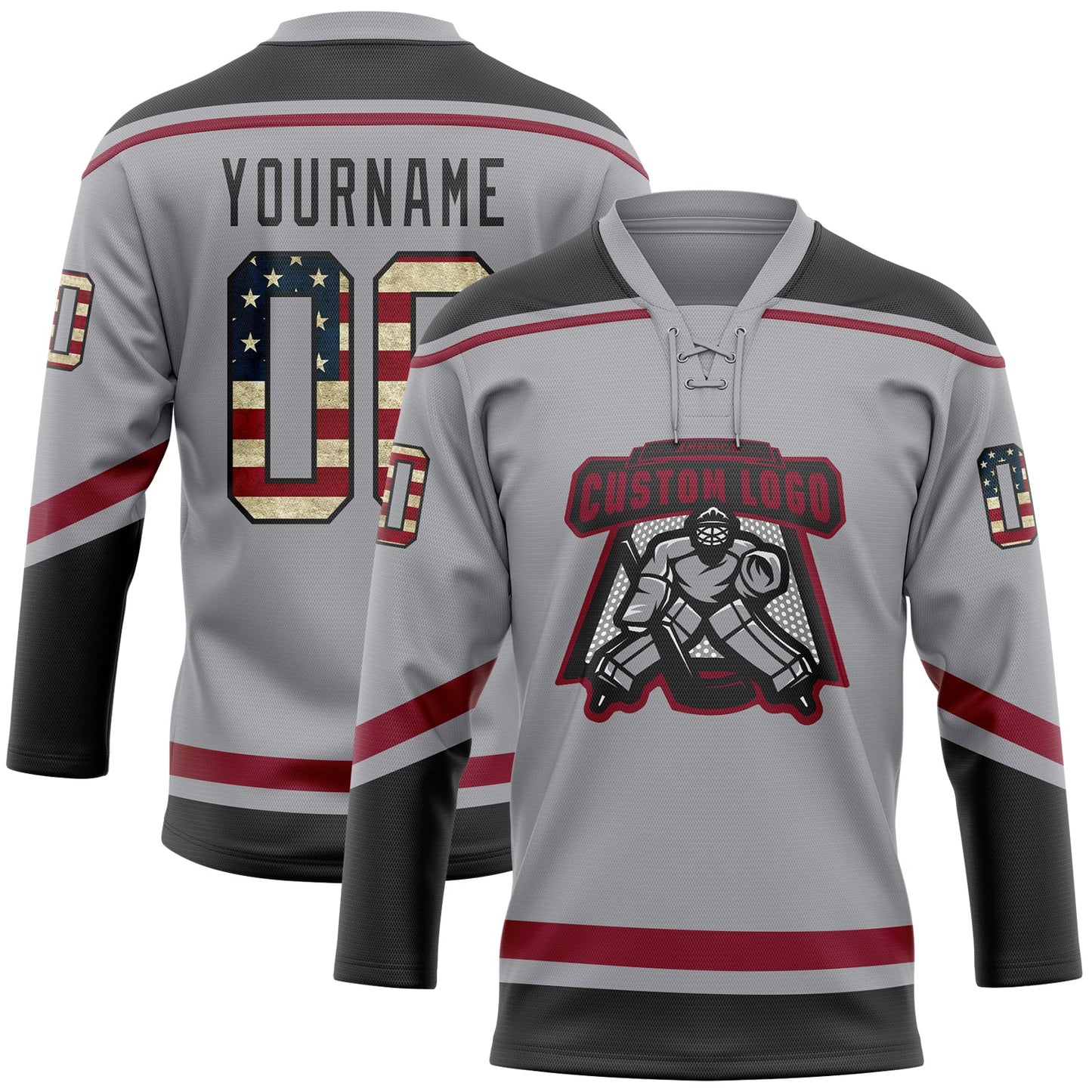 Custom Gray Vintage USA Flag Black-Crimson Hockey Lace Neck Jersey view 3