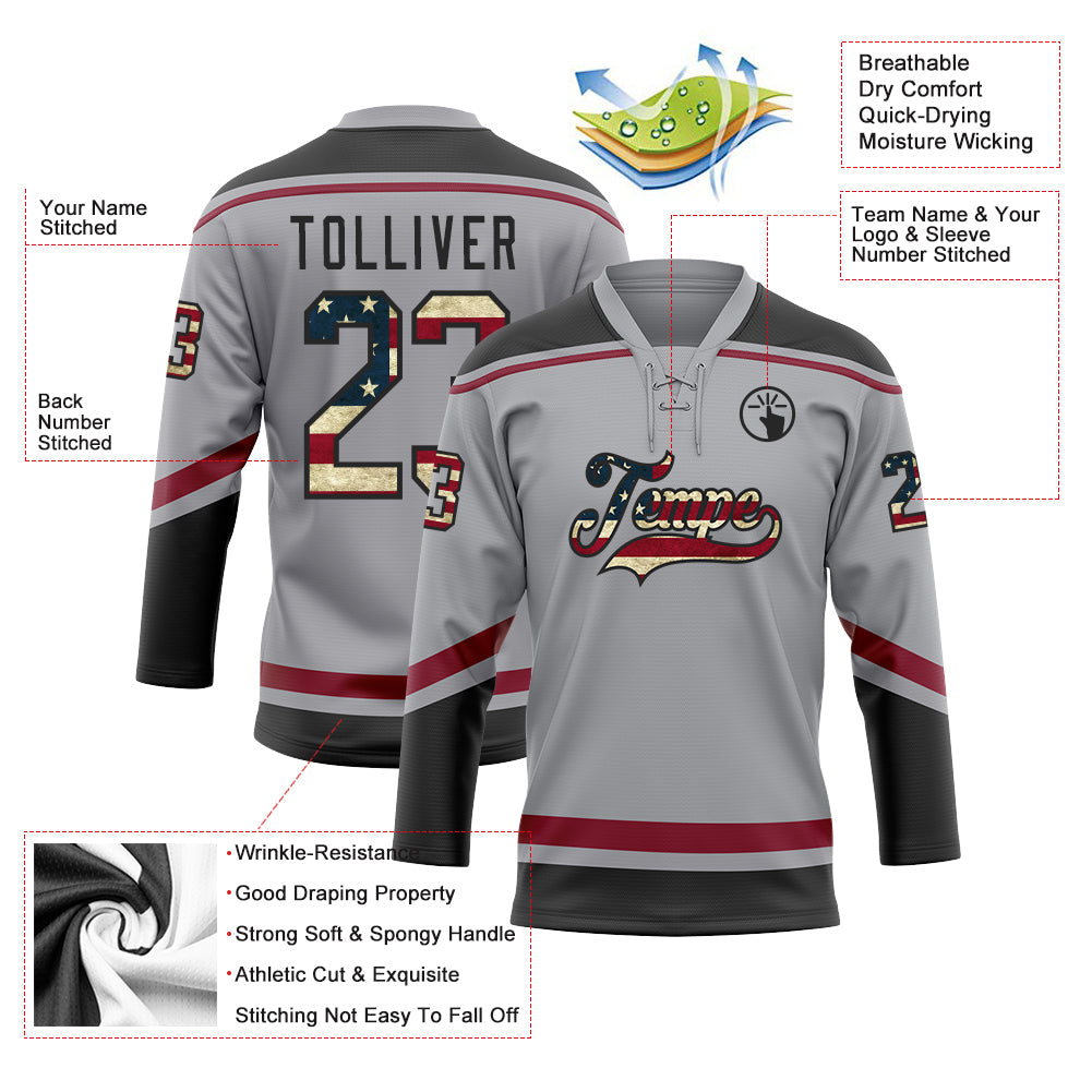 Custom Gray Vintage USA Flag Black-Crimson Hockey Lace Neck Jersey view 4