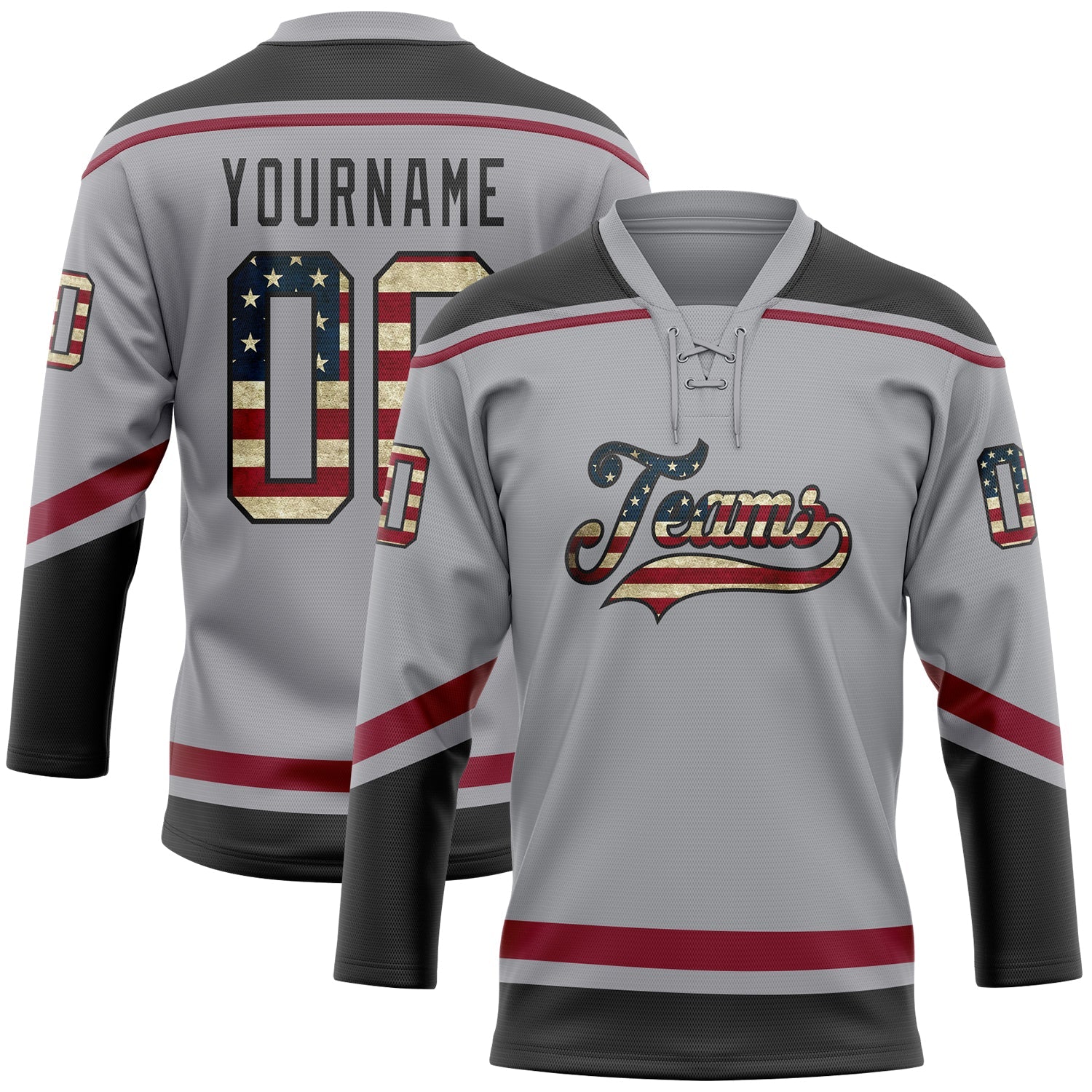 Custom Gray Vintage USA Flag Black-Crimson Hockey Lace Neck Jersey - Main View