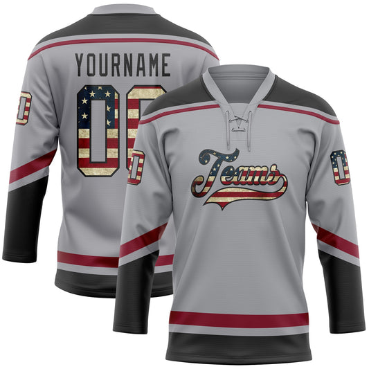 Custom Gray Vintage USA Flag Black-Crimson Hockey Lace Neck Jersey - Main View