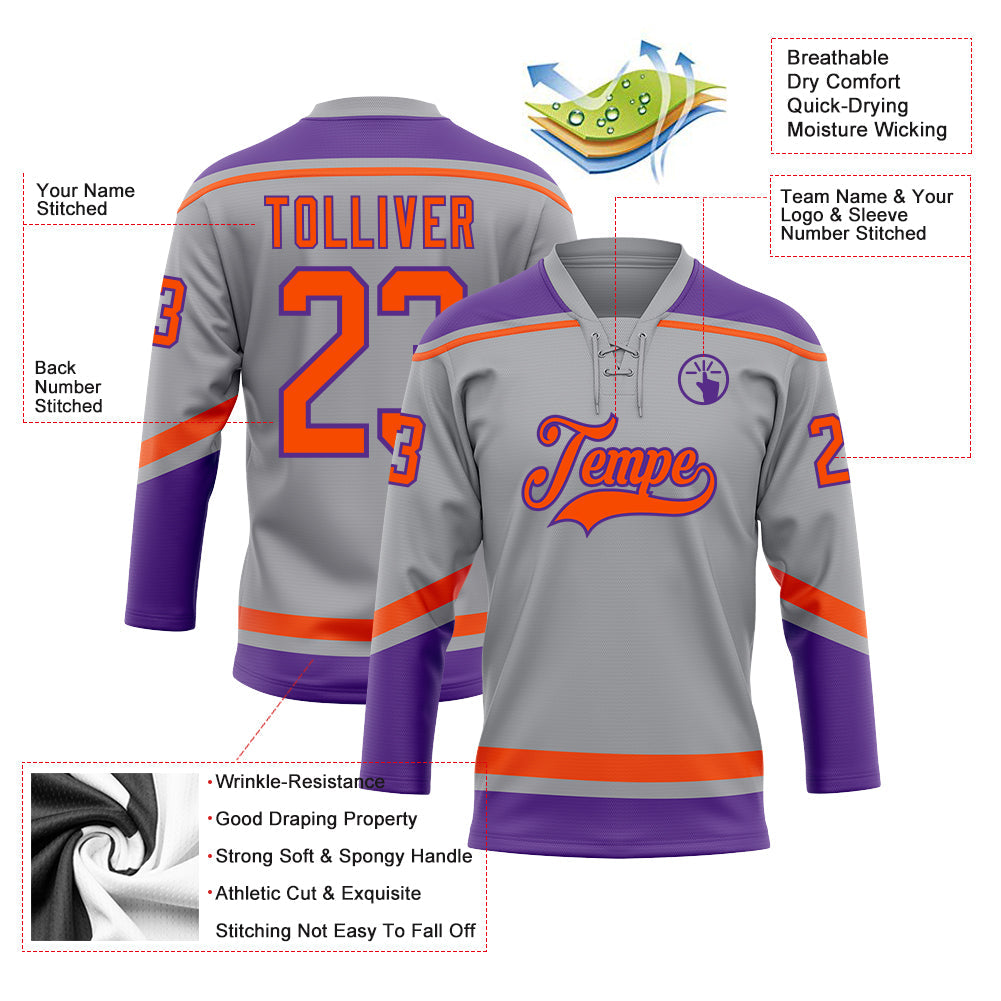 Custom Gray Orange-Purple Hockey Lace Neck Jersey view 3