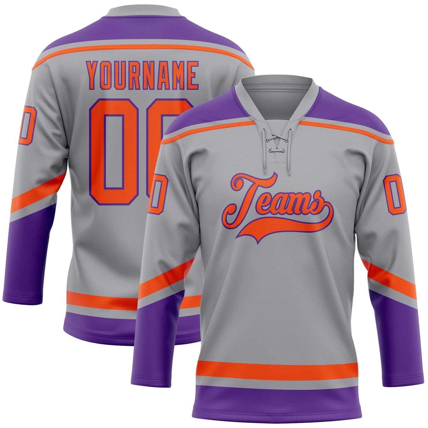 Custom Gray Orange-Purple Hockey Lace Neck Jersey - Main View