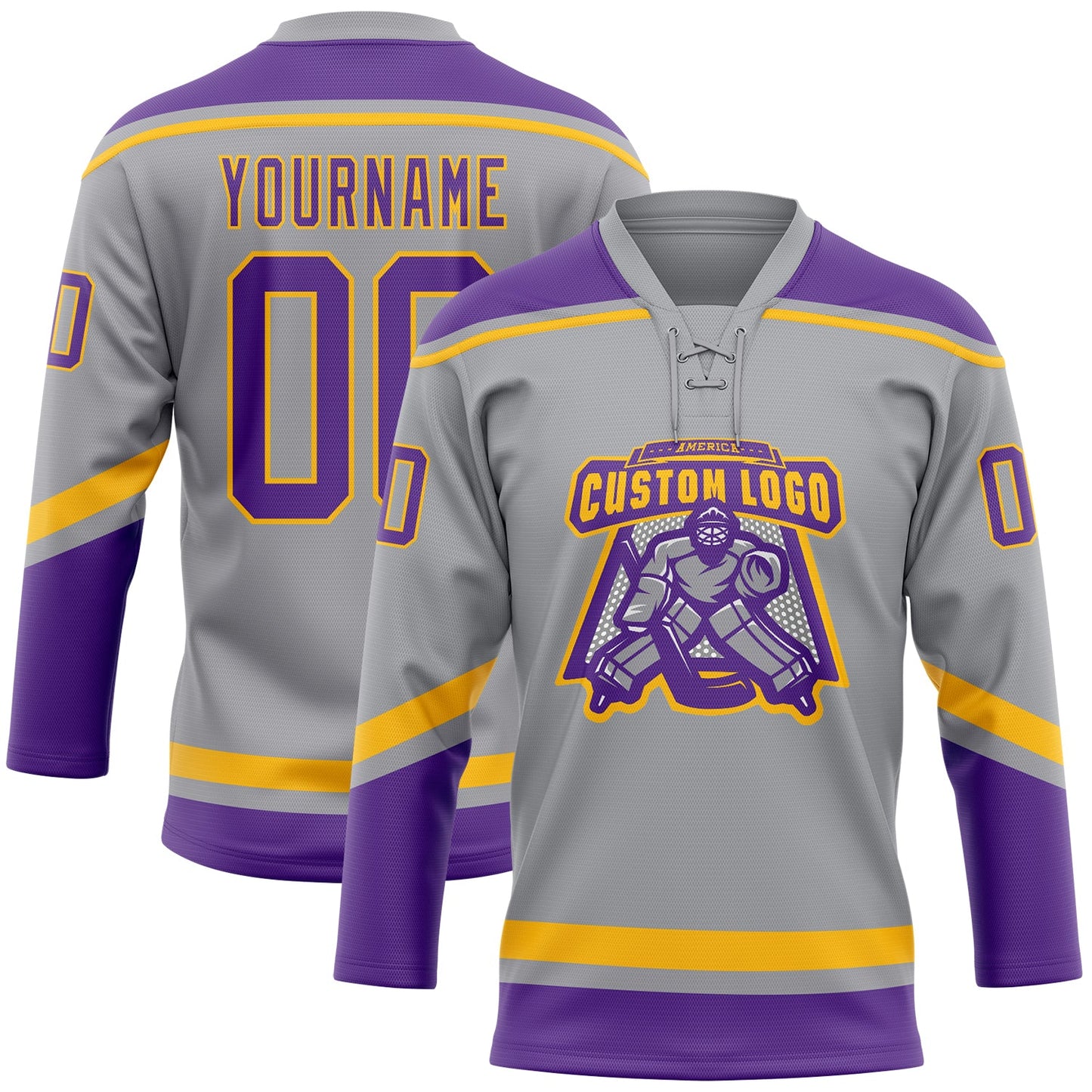 Custom Gray Purple-Gold Hockey Lace Neck Jersey view 2
