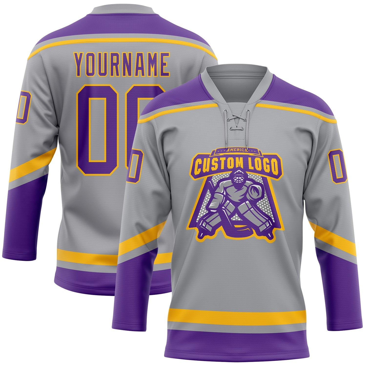 Custom Gray Purple-Gold Hockey Lace Neck Jersey view 2