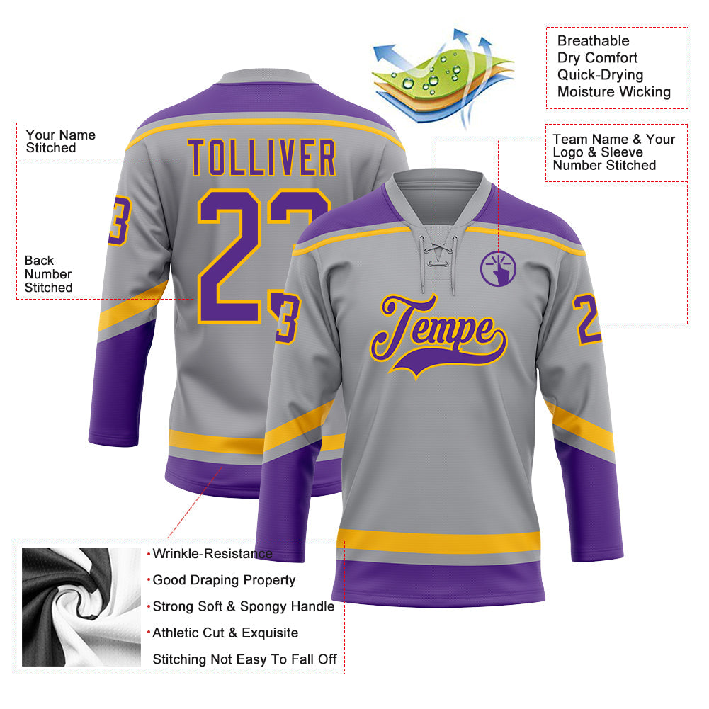 Custom Gray Purple-Gold Hockey Lace Neck Jersey view 3