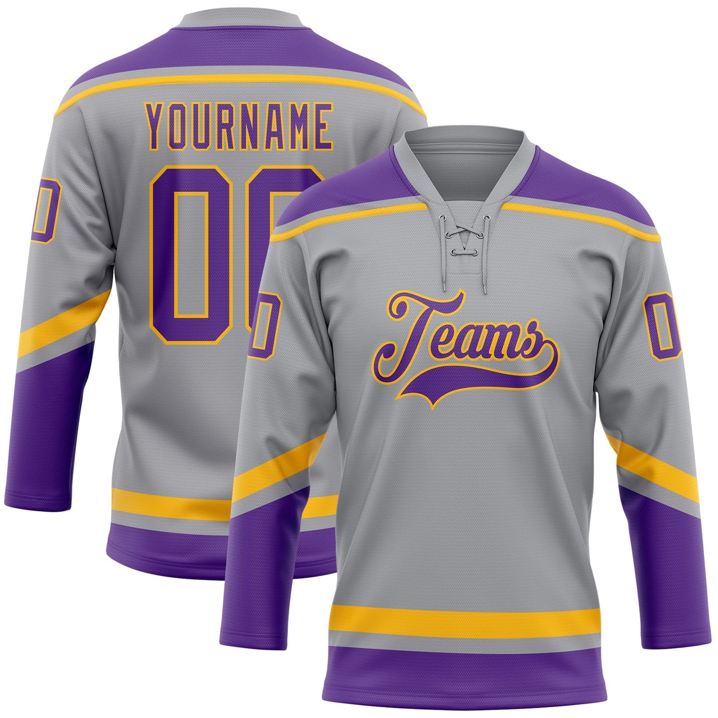 Custom Gray Purple-Gold Hockey Lace Neck Jersey - Main View