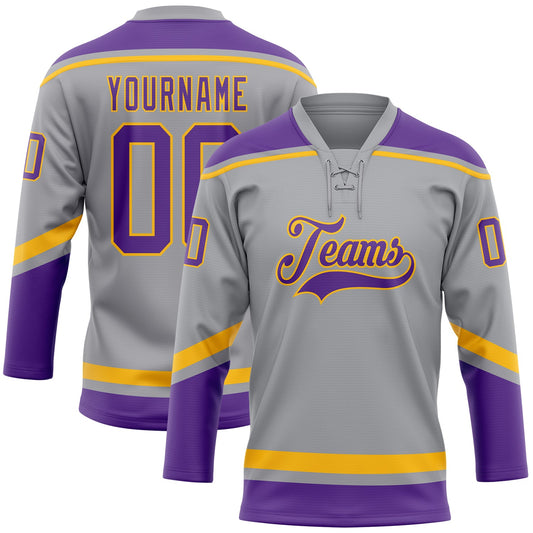 Custom Gray Purple-Gold Hockey Lace Neck Jersey - Main View