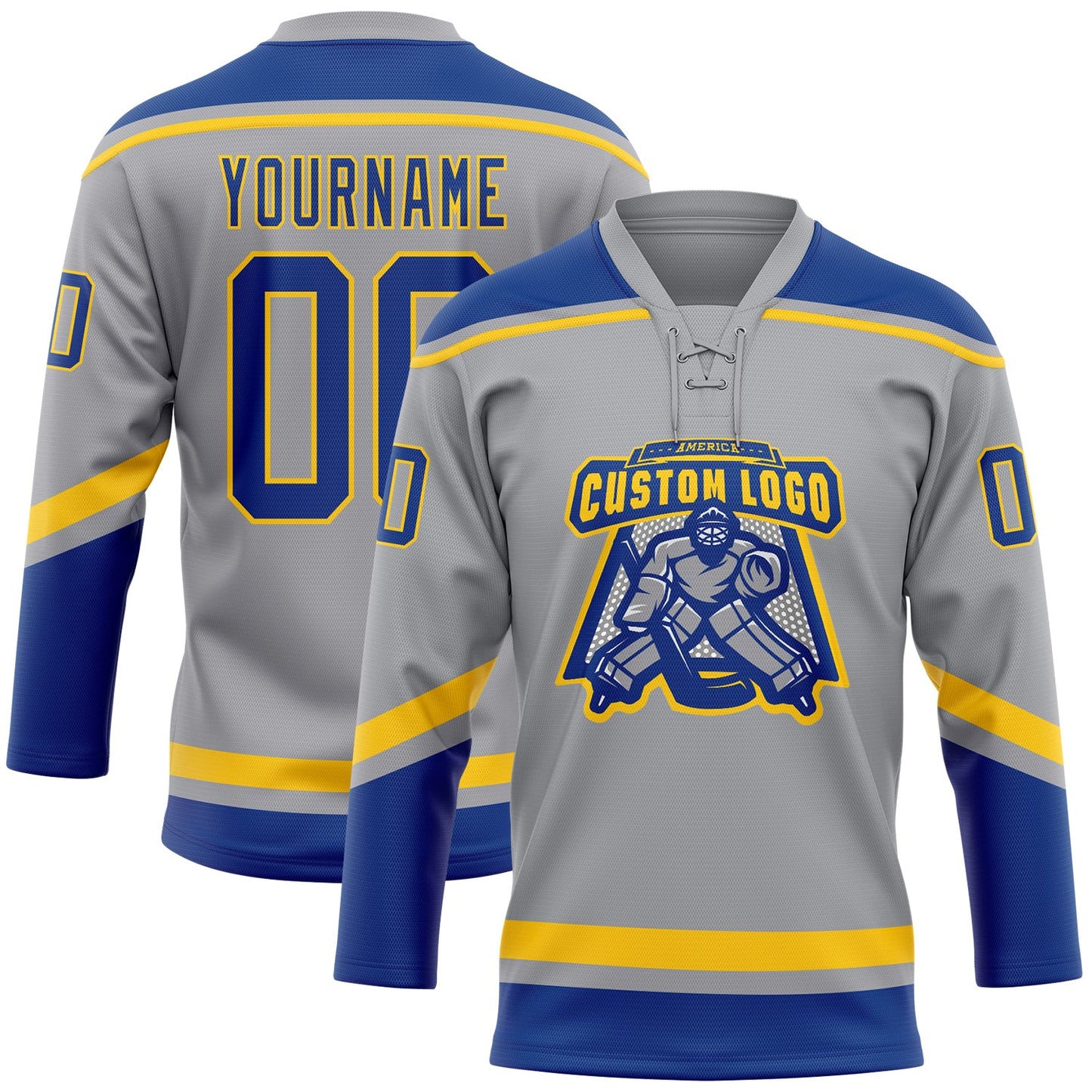 Custom Gray Royal-Yellow Hockey Lace Neck Jersey view 2