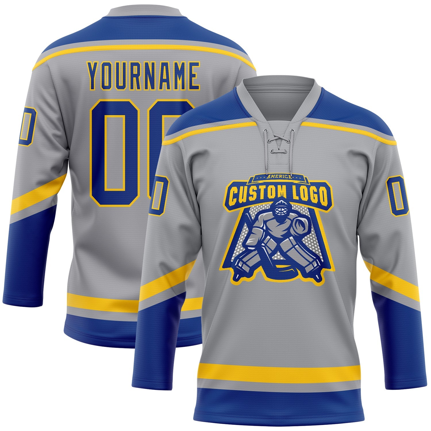 Custom Gray Royal-Yellow Hockey Lace Neck Jersey view 2