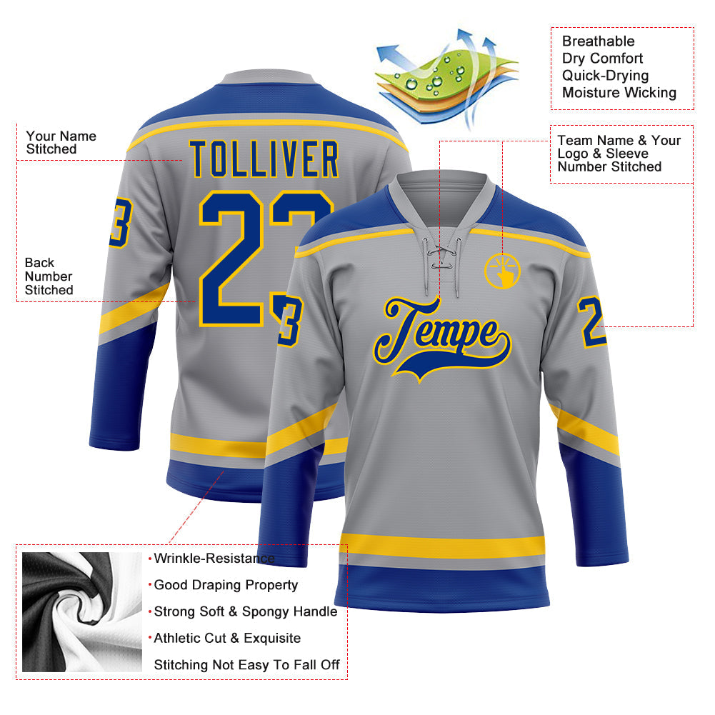 Custom Gray Royal-Yellow Hockey Lace Neck Jersey view 3