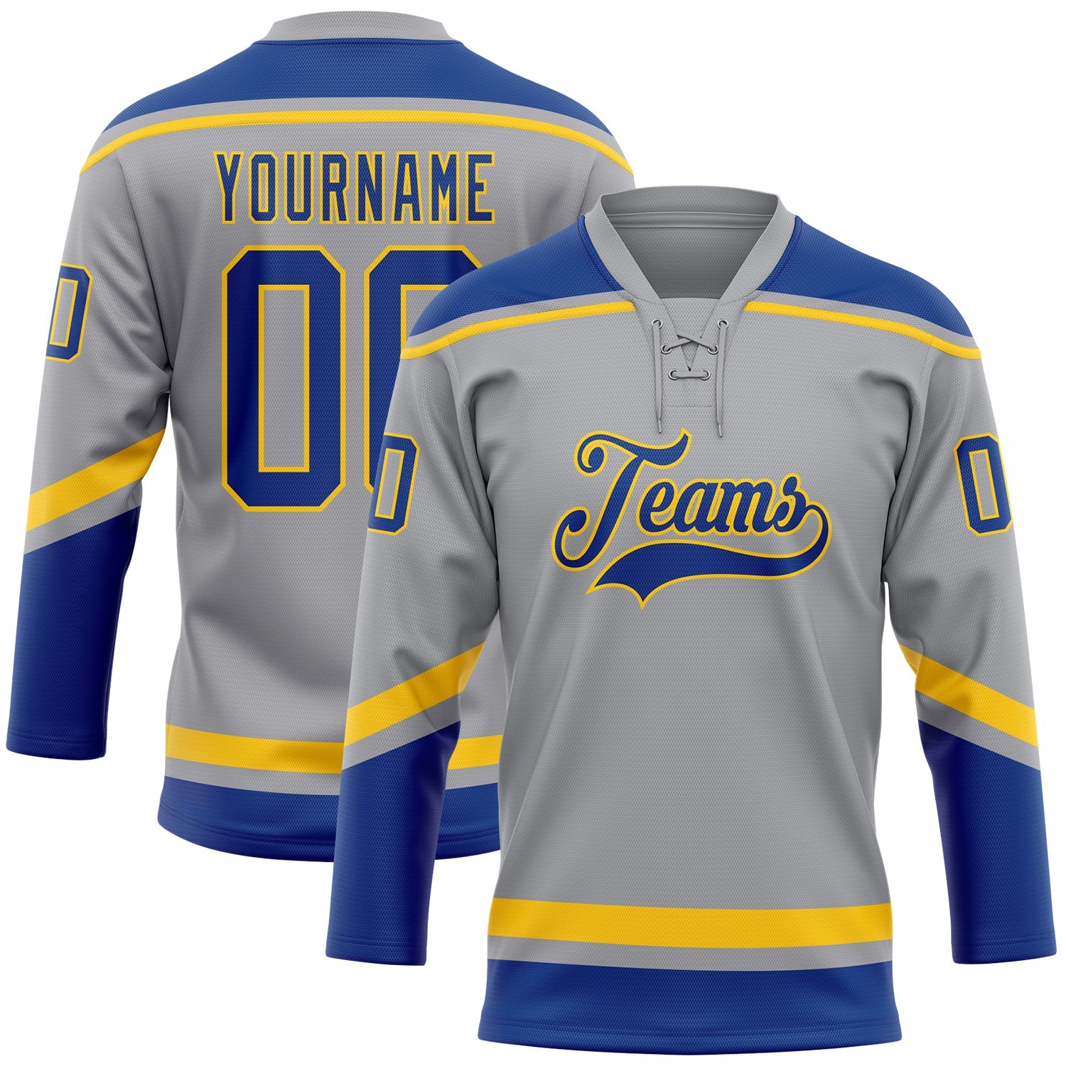 Custom Gray Royal-Yellow Hockey Lace Neck Jersey - Main View