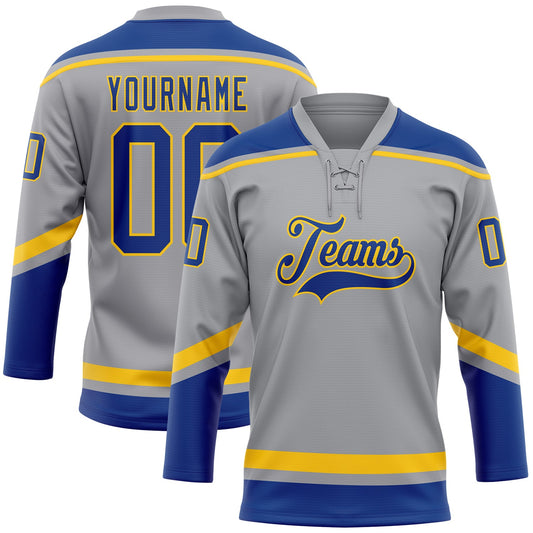 Custom Gray Royal-Yellow Hockey Lace Neck Jersey - Main View