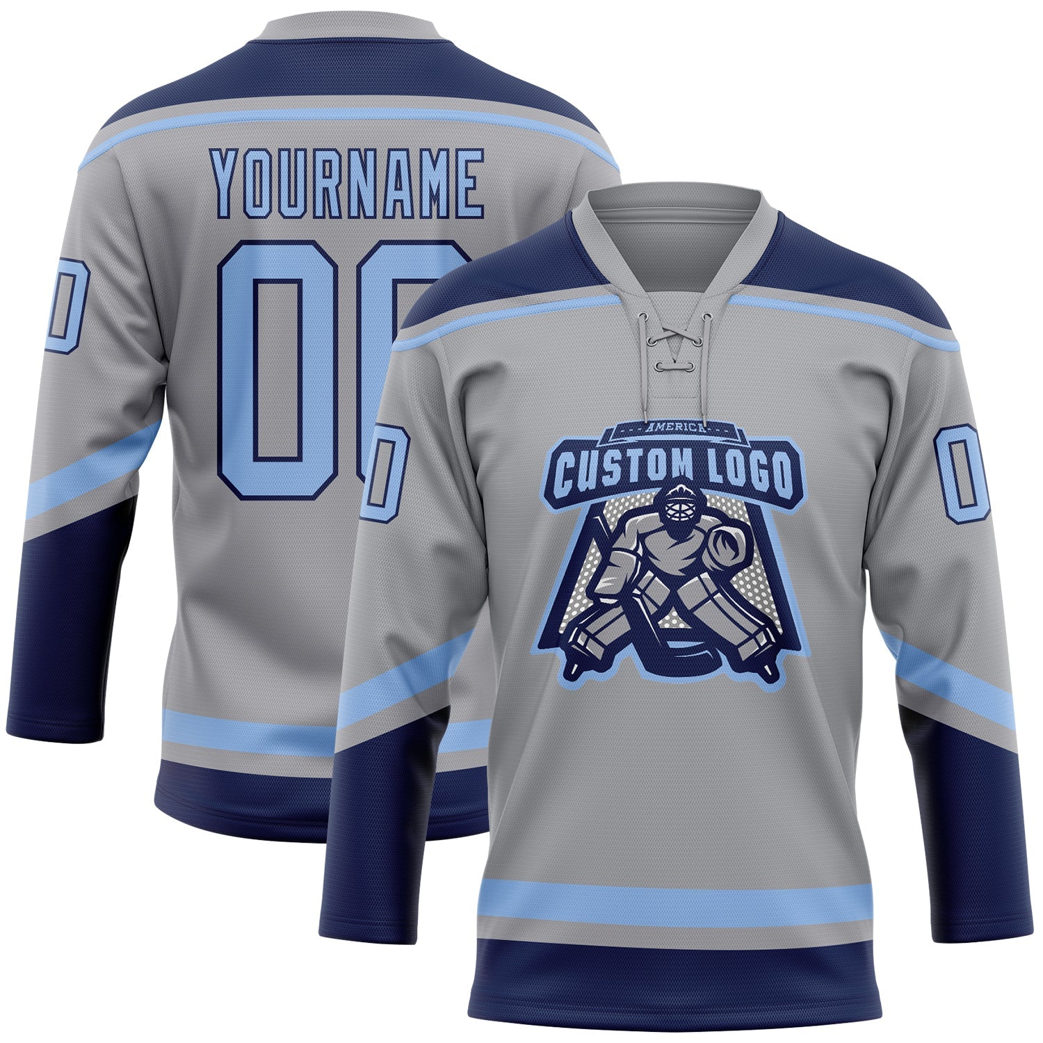 Custom Gray Light Blue-Navy Hockey Lace Neck Jersey view 2