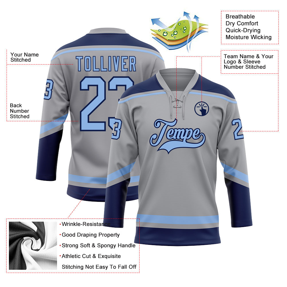 Custom Gray Light Blue-Navy Hockey Lace Neck Jersey view 3