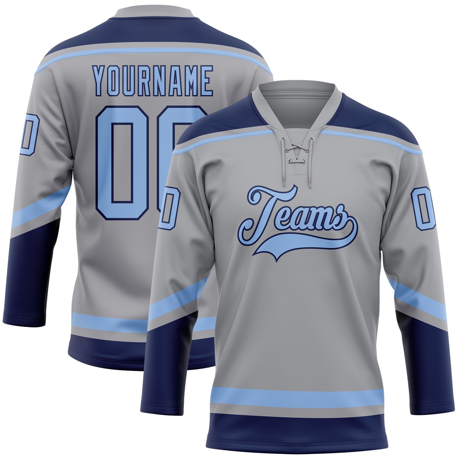 Custom Gray Light Blue-Navy Hockey Lace Neck Jersey - Main View
