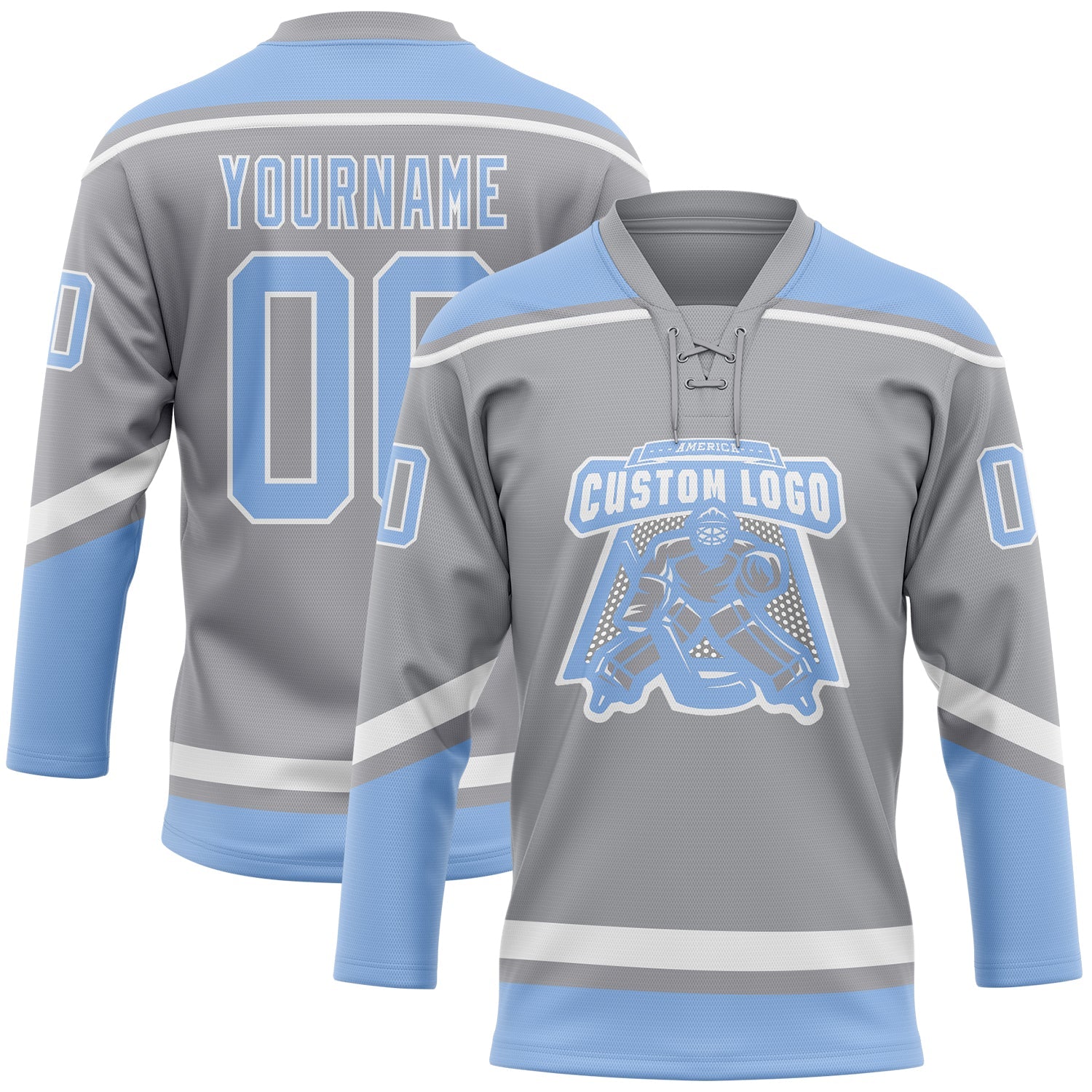 Custom Gray Light Blue-White Hockey Lace Neck Jersey view 2