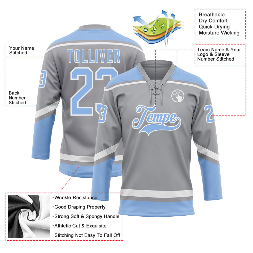 Custom Gray Light Blue-White Hockey Lace Neck Jersey view 3