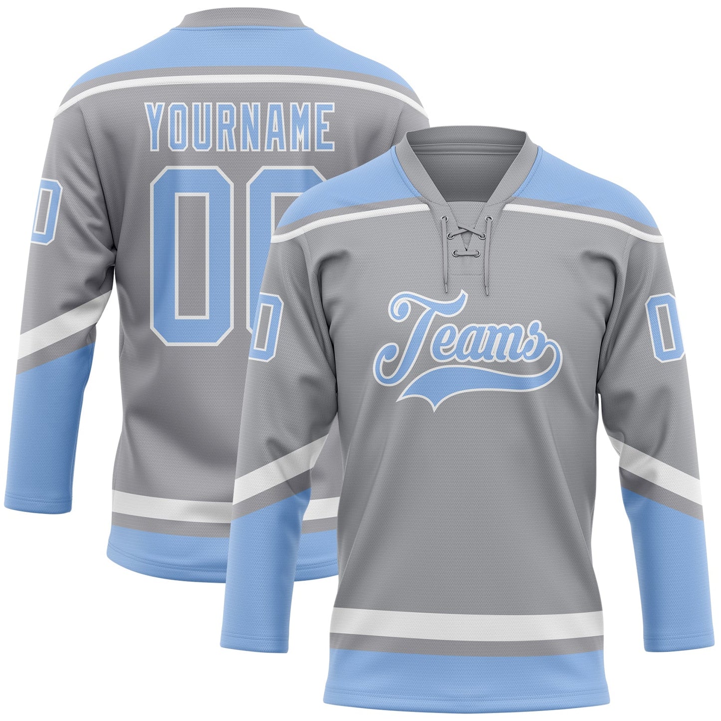 Custom Gray Light Blue-White Hockey Lace Neck Jersey - Main View
