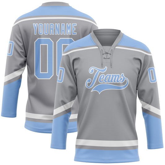 Custom Gray Light Blue-White Hockey Lace Neck Jersey - Main View