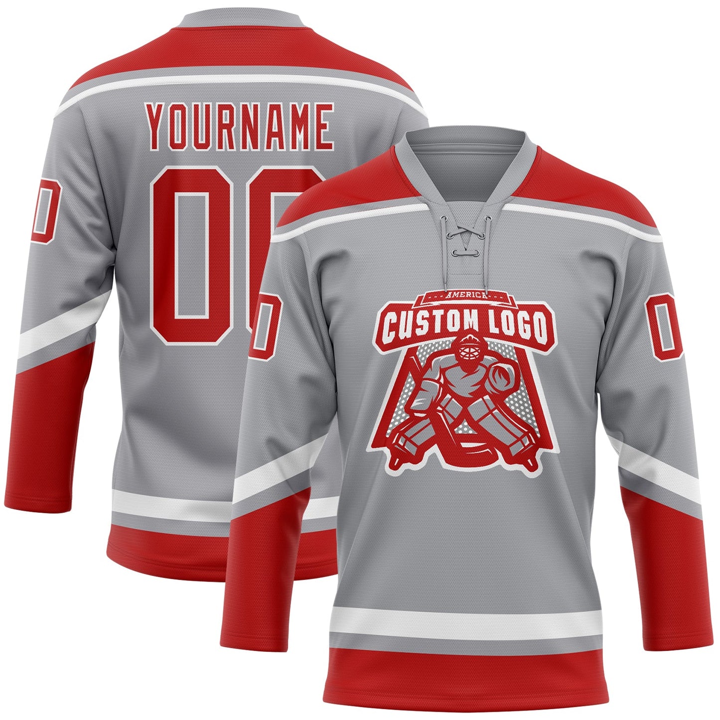 Custom Gray Red-White Hockey Lace Neck Jersey view 2