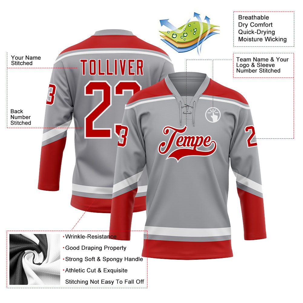 Custom Gray Red-White Hockey Lace Neck Jersey view 3