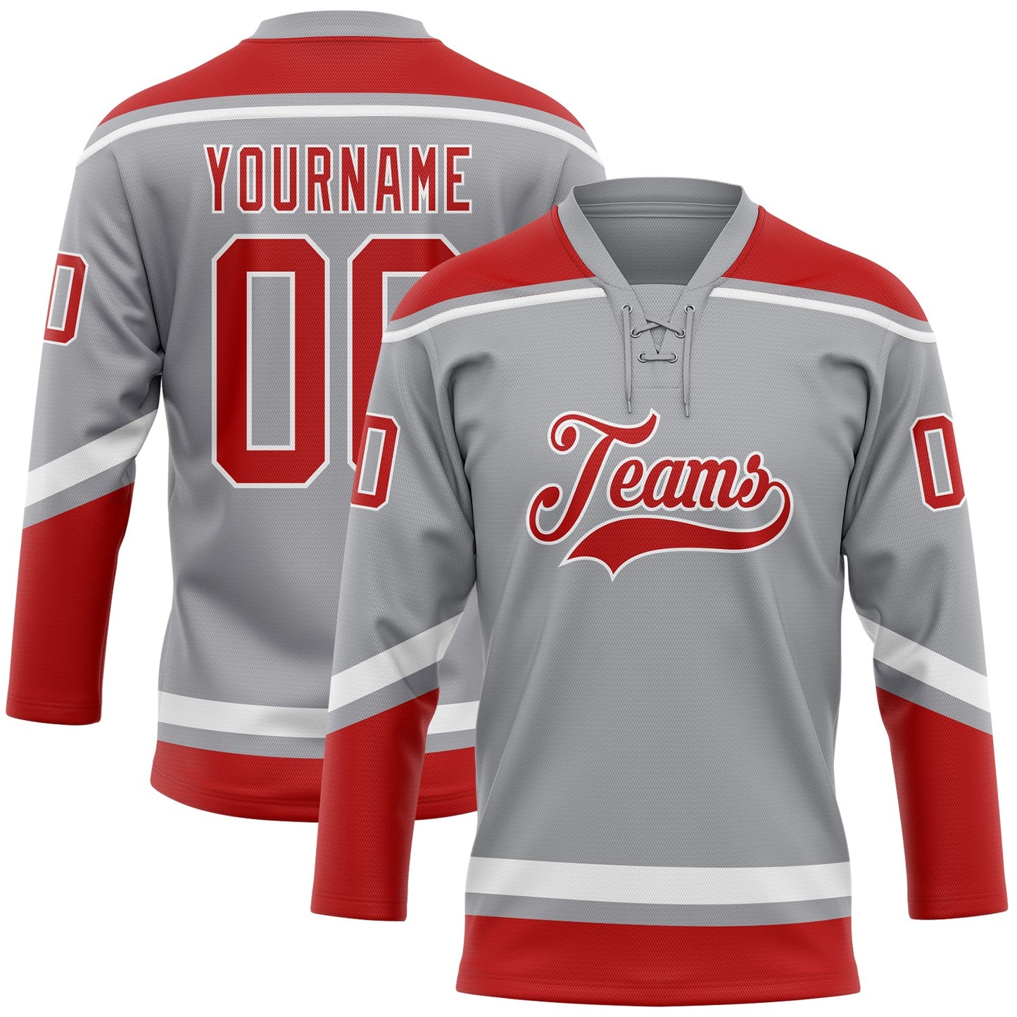 Custom Gray Red-White Hockey Lace Neck Jersey - Main View