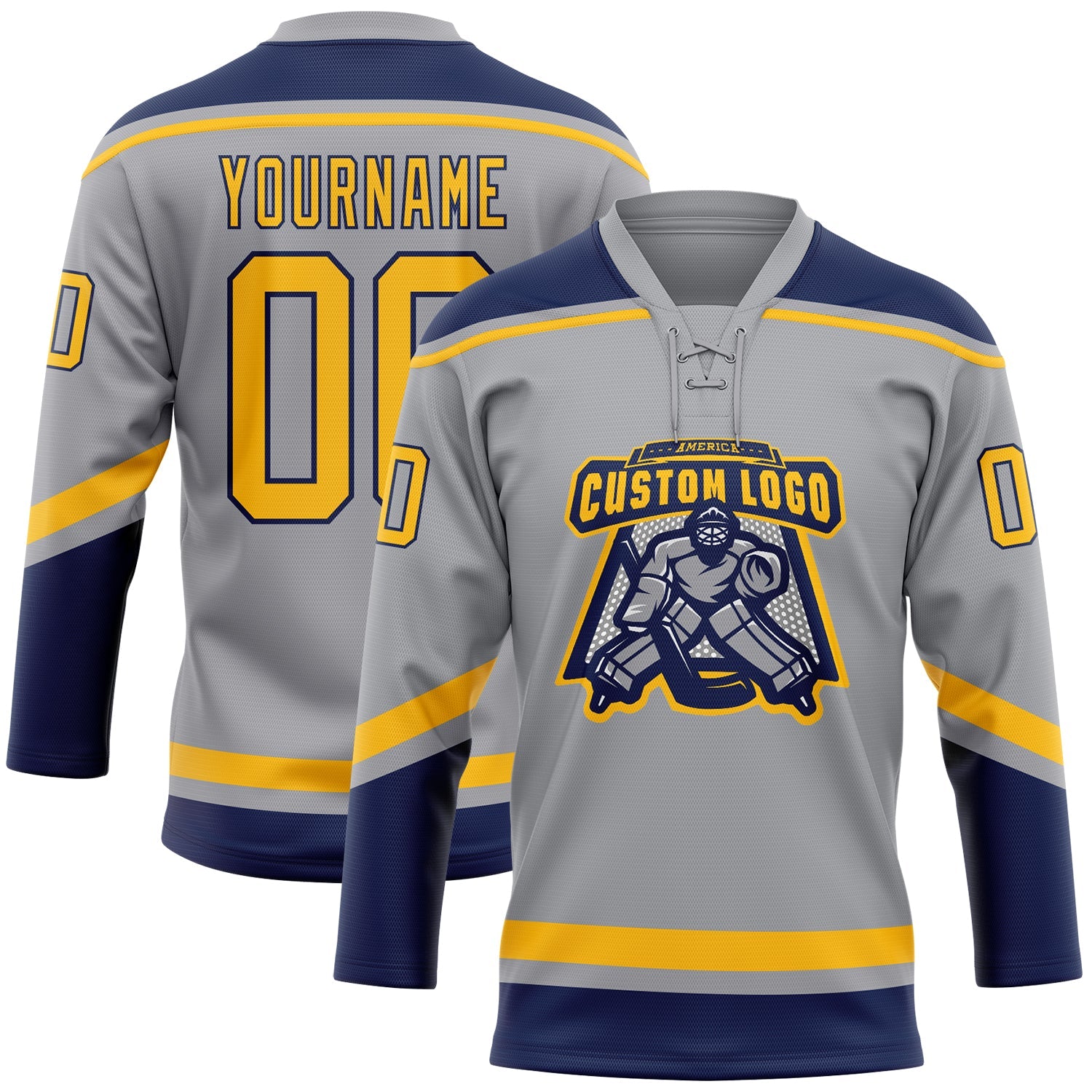 Custom Gray Gold-Navy Hockey Lace Neck Jersey view 2