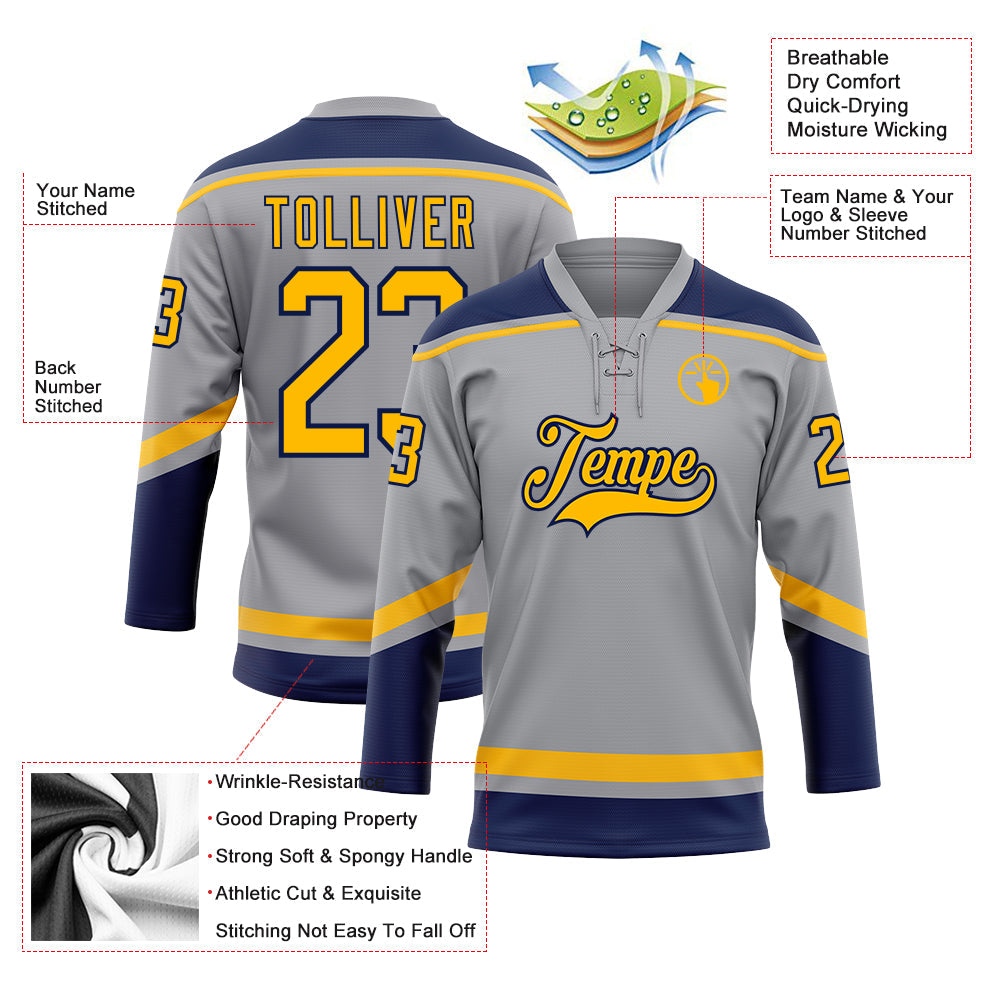 Custom Gray Gold-Navy Hockey Lace Neck Jersey view 3