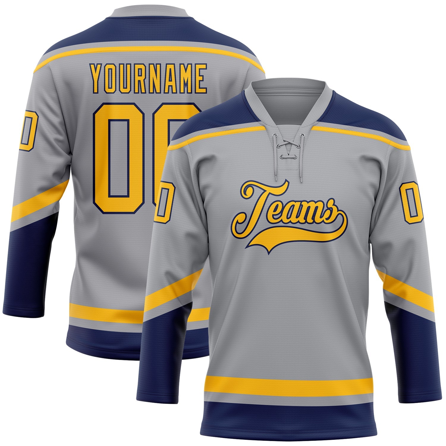 Custom Gray Gold-Navy Hockey Lace Neck Jersey - Main View