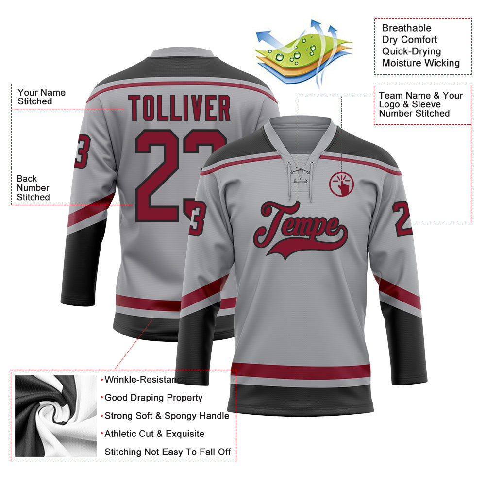 Custom Gray Crimson-Black Hockey Lace Neck Jersey view 3