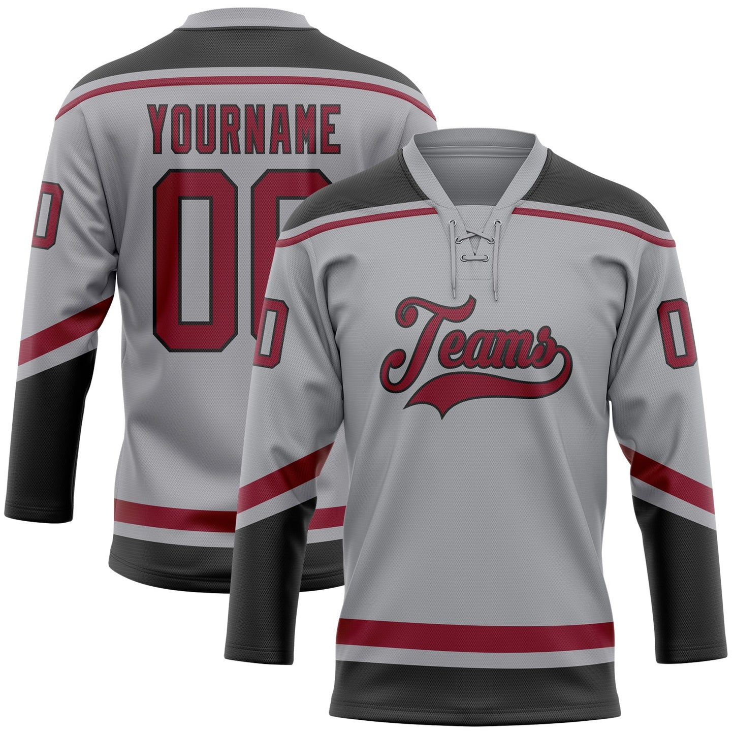 Custom Gray Crimson-Black Hockey Lace Neck Jersey - Main View