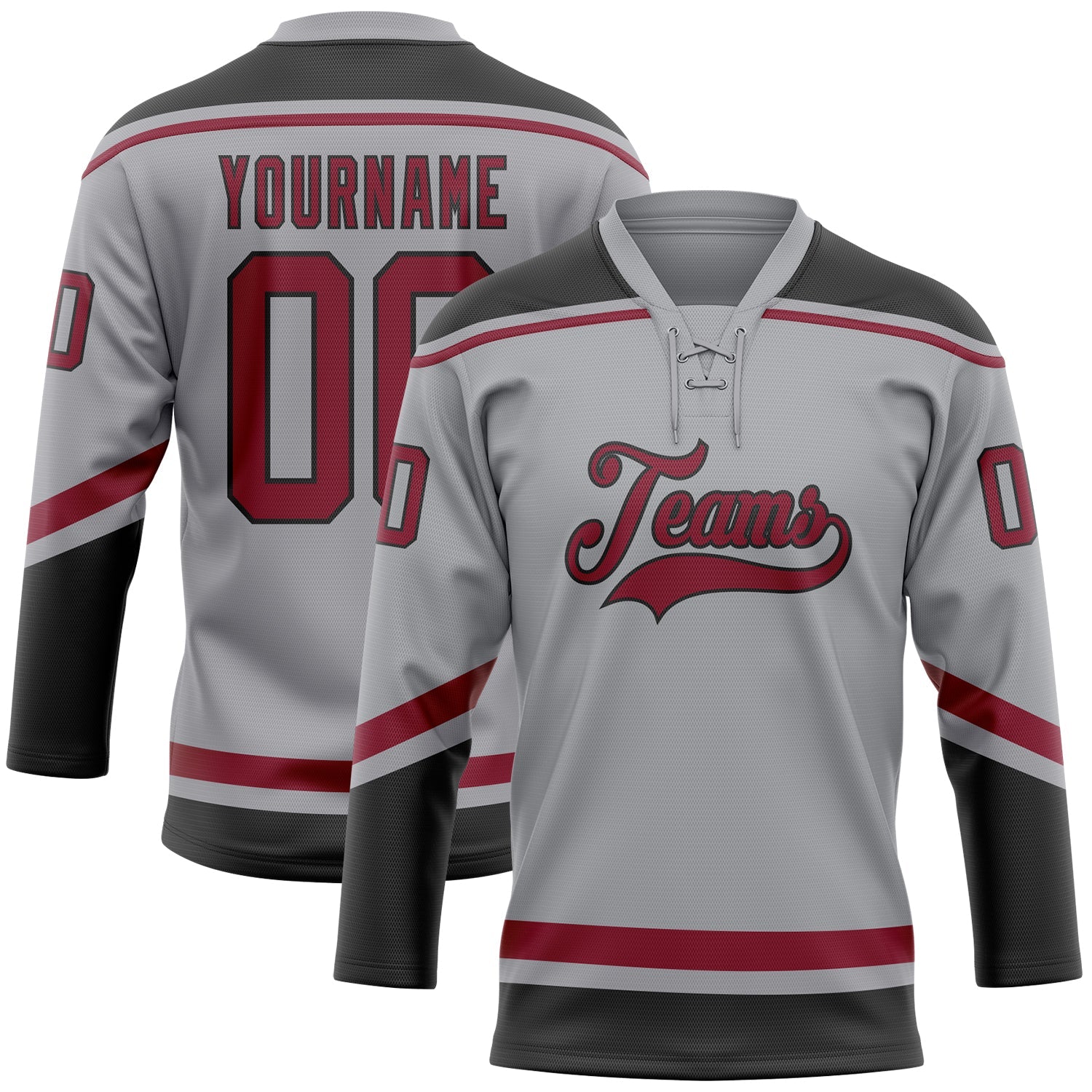 Custom Gray Crimson-Black Hockey Lace Neck Jersey - Main View
