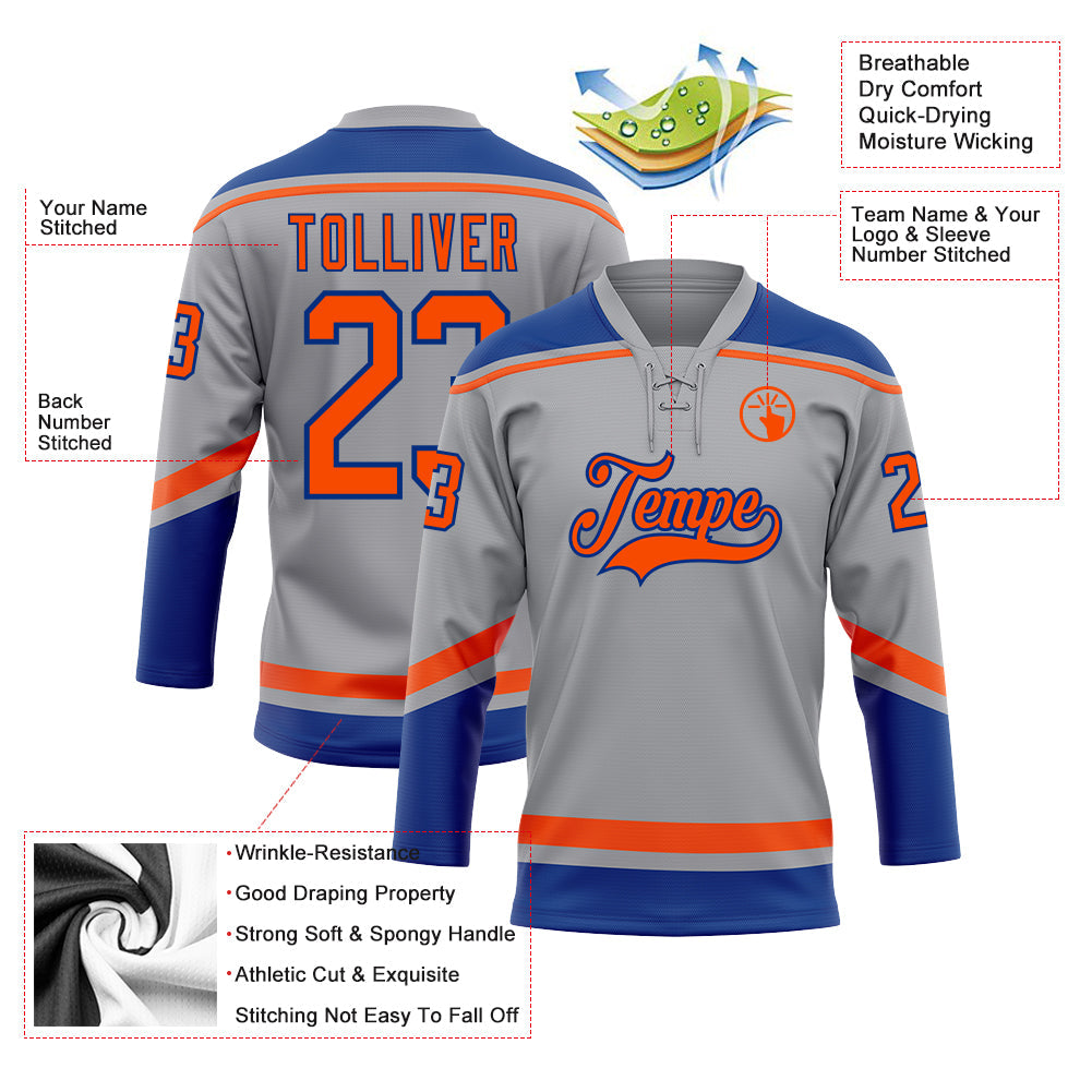Custom Gray Orange-Royal Hockey Lace Neck Jersey view 3