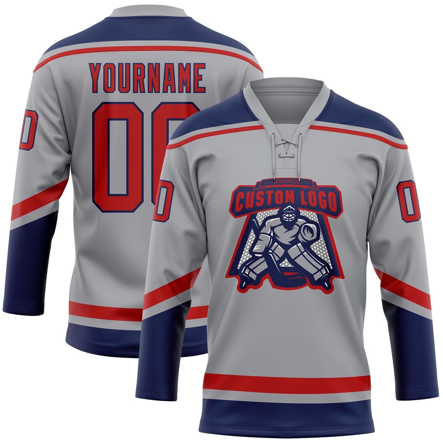 Custom Gray Red-Navy Hockey Lace Neck Jersey view 2