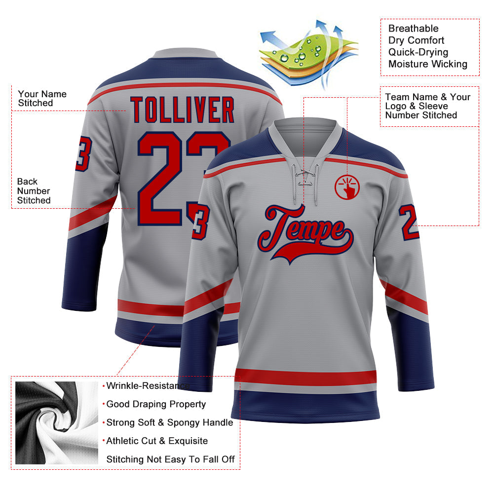 Custom Gray Red-Navy Hockey Lace Neck Jersey view 3