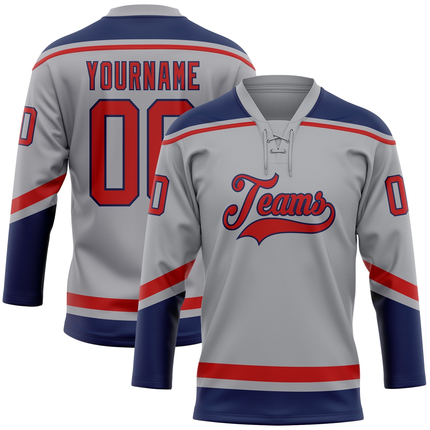 Custom Gray Red-Navy Hockey Lace Neck Jersey - Main View