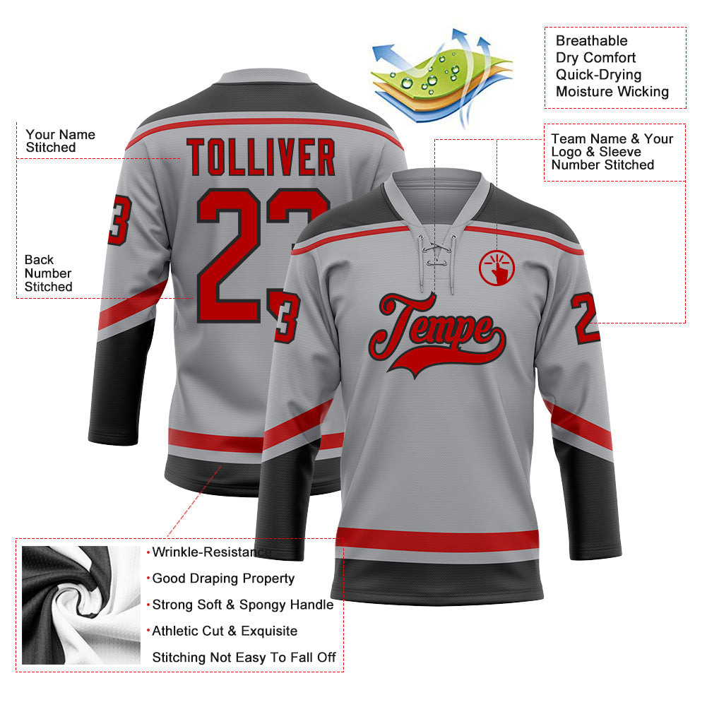 Custom Gray Red-Black Hockey Lace Neck Jersey view 3