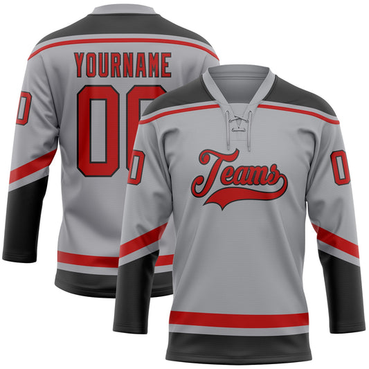 Custom Gray Red-Black Hockey Lace Neck Jersey - Main View