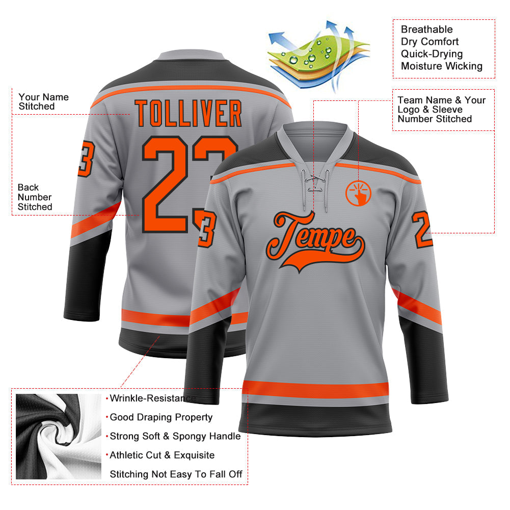 Custom Gray Orange-Black Hockey Lace Neck Jersey view 3