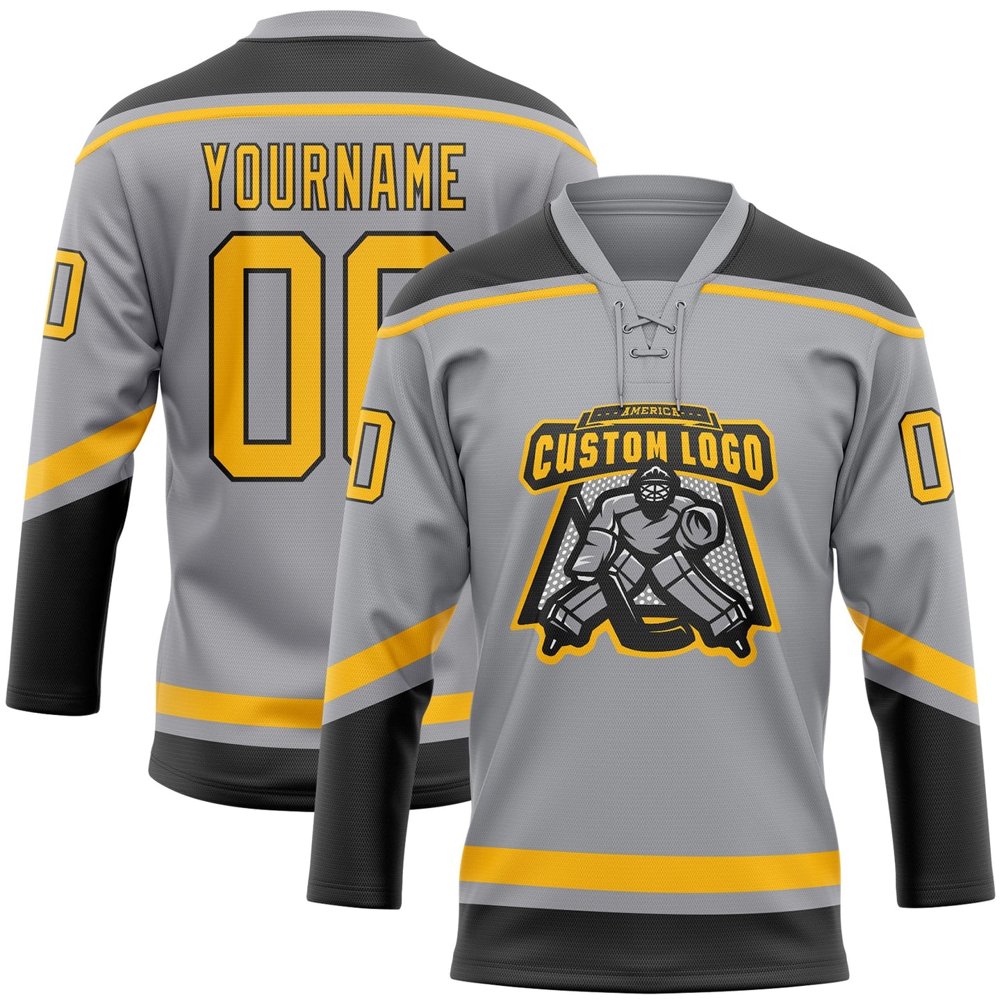 Custom Gray Gold-Black Hockey Lace Neck Jersey view 2