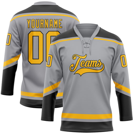 Custom Gray Gold-Black Hockey Lace Neck Jersey - Main View