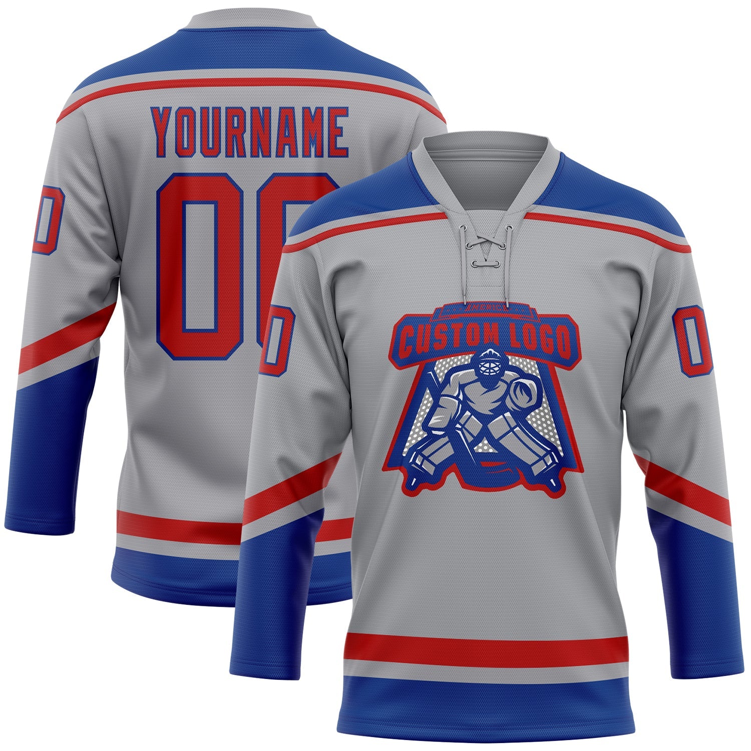 Custom Gray Red-Royal Hockey Lace Neck Jersey view 3