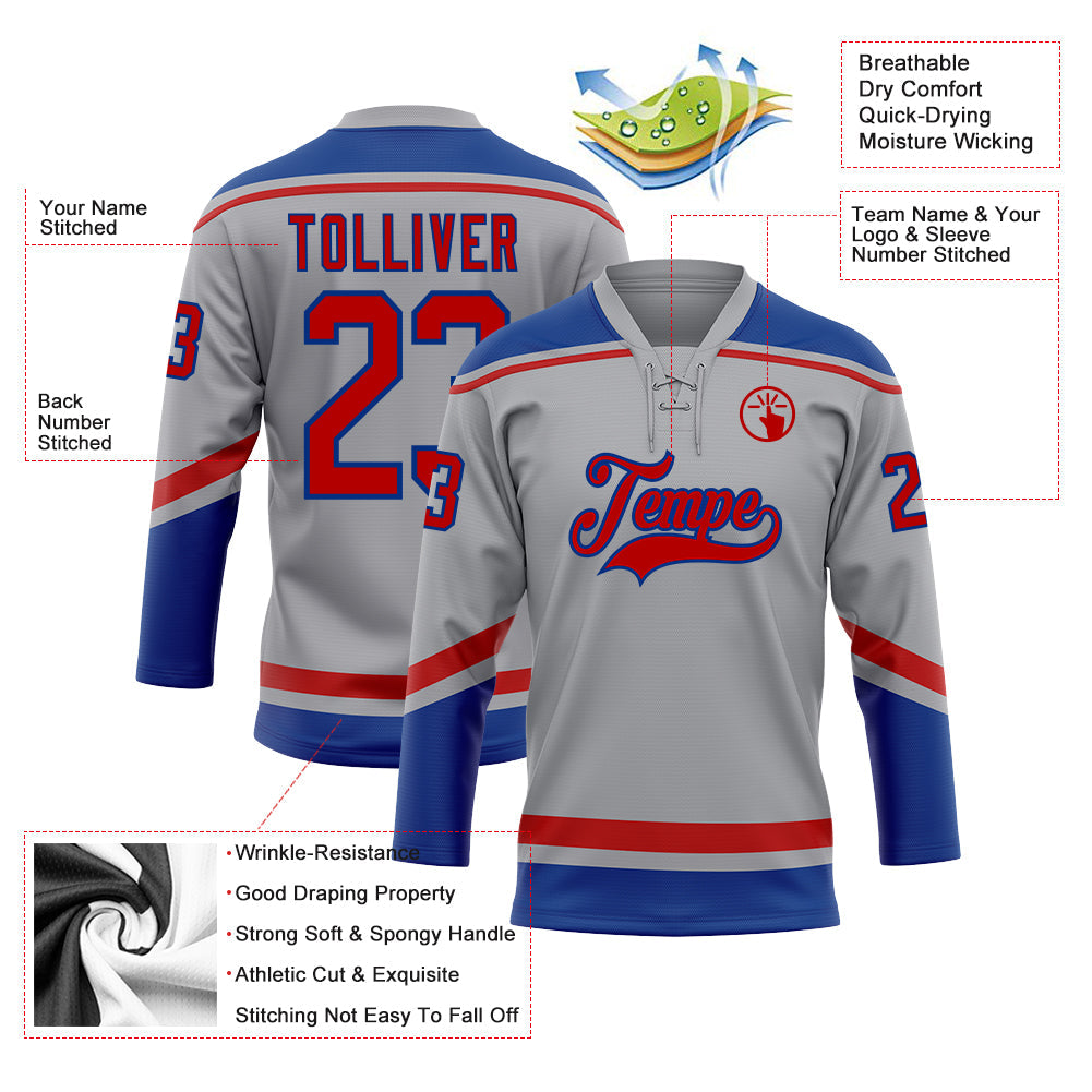 Custom Gray Red-Royal Hockey Lace Neck Jersey view 4