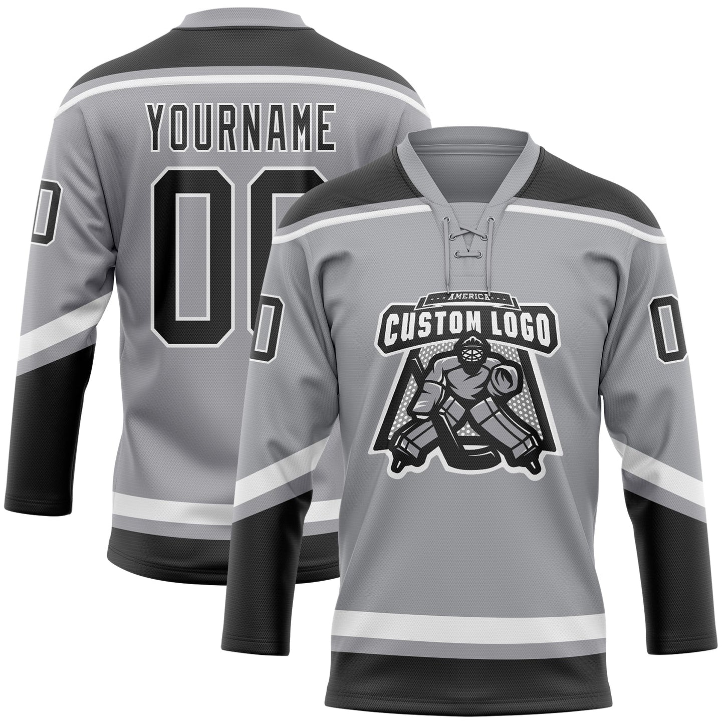 Custom Gray Black-White Hockey Lace Neck Jersey view 2