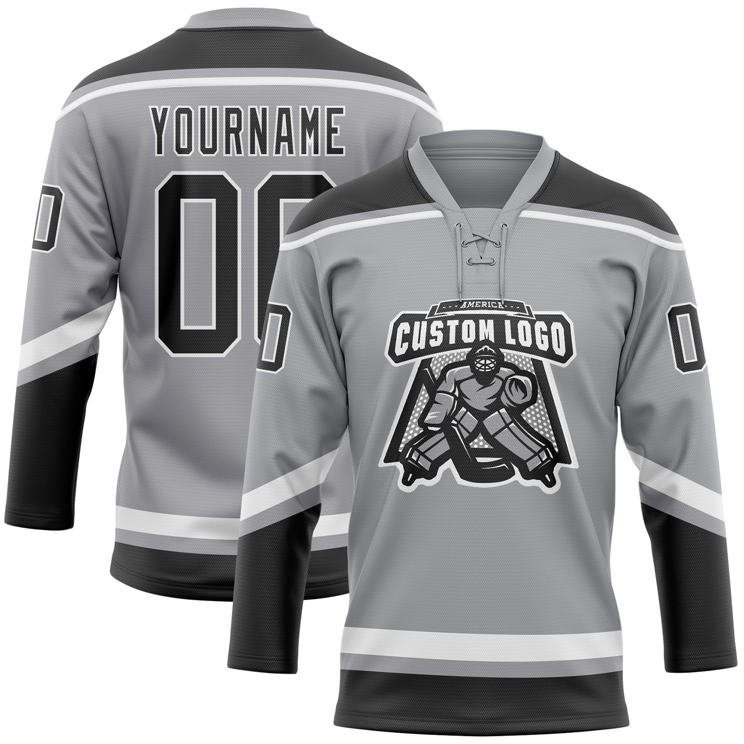 Custom Gray Black-White Hockey Lace Neck Jersey view 2
