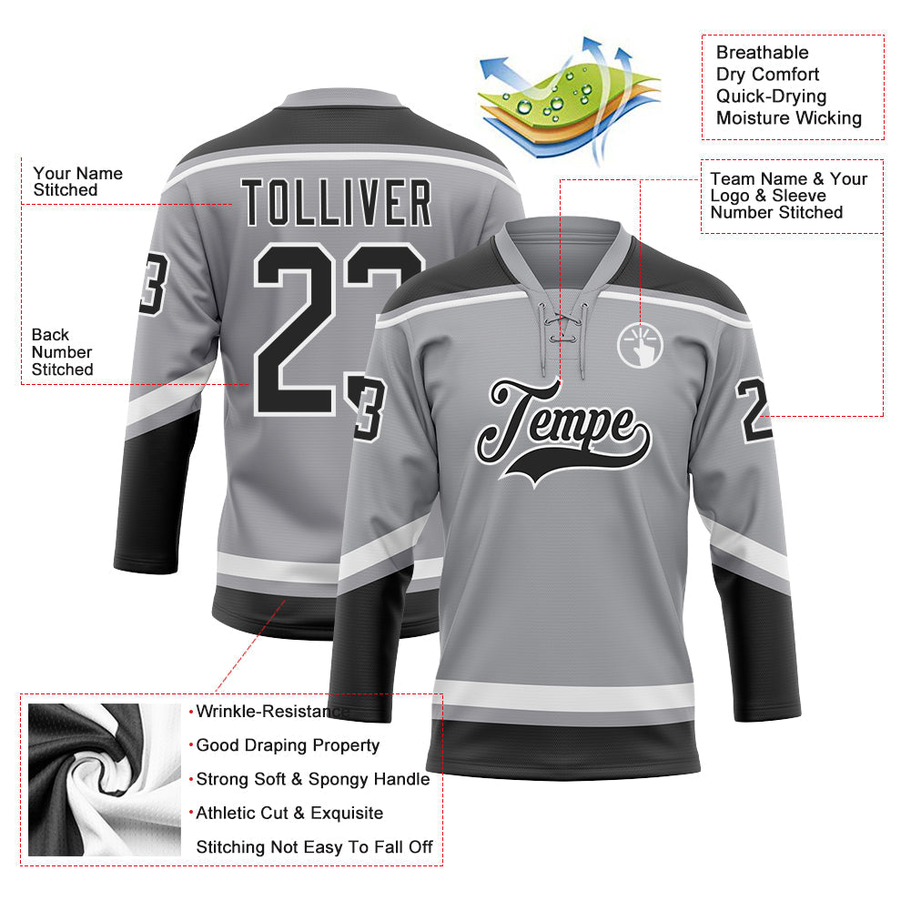 Custom Gray Black-White Hockey Lace Neck Jersey view 3