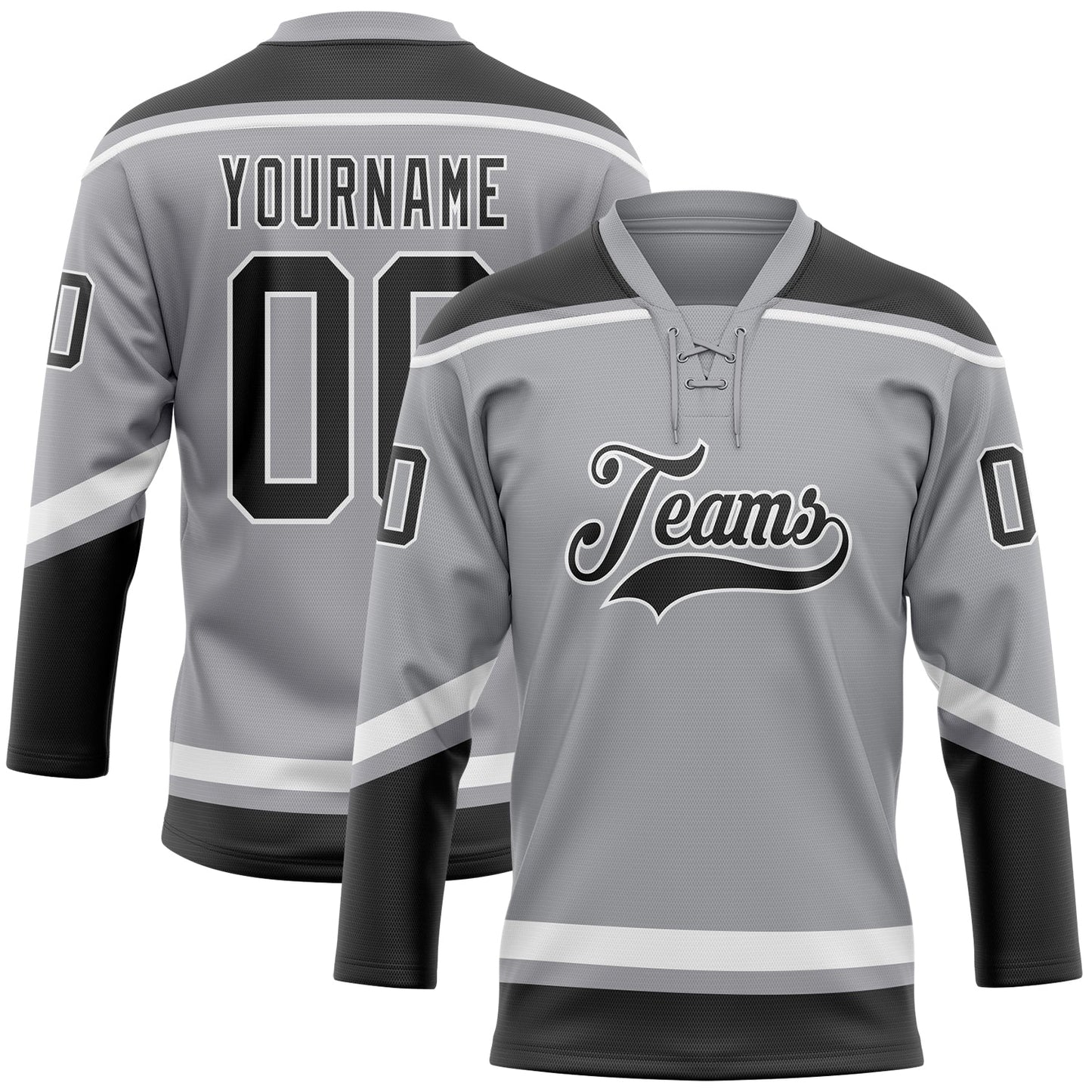 Custom Gray Black-White Hockey Lace Neck Jersey - Main View